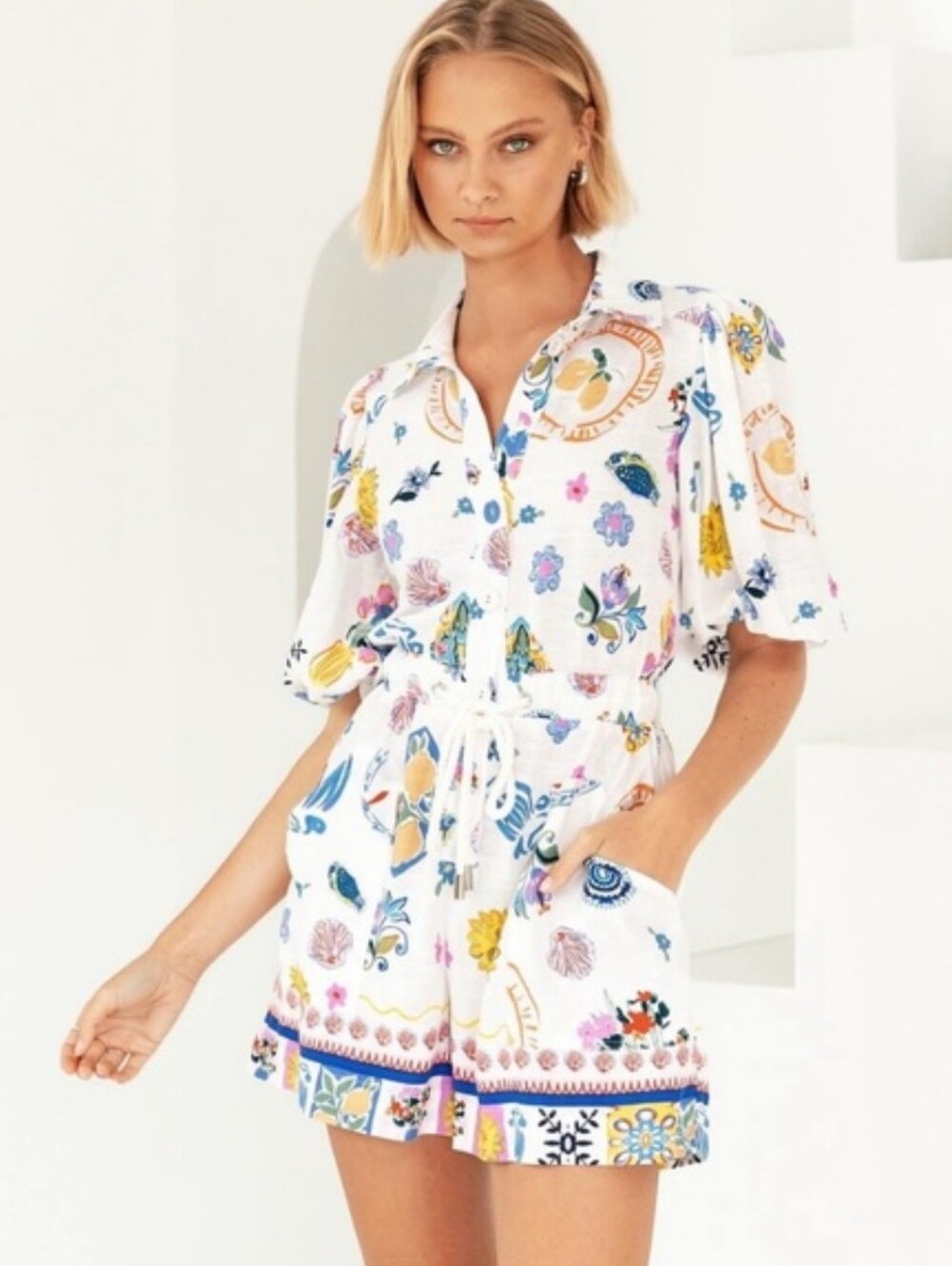 White Floral Print Short Sleeve Romper